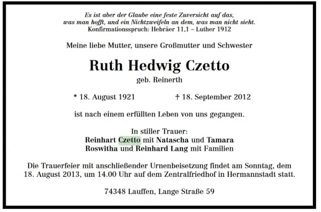 Reinerth Ruth 1921-2012 Todesanzeige